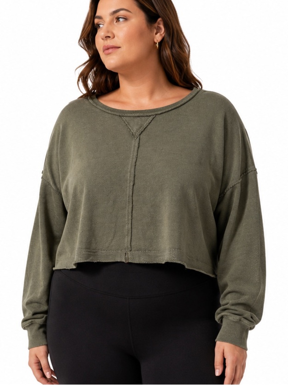 Aerie Olive Green Cropped Raw Hem Sweatshirt Large